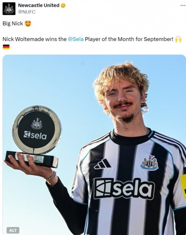 5场2球,纽卡官方:新援沃尔特马德当选队内9月最佳球员