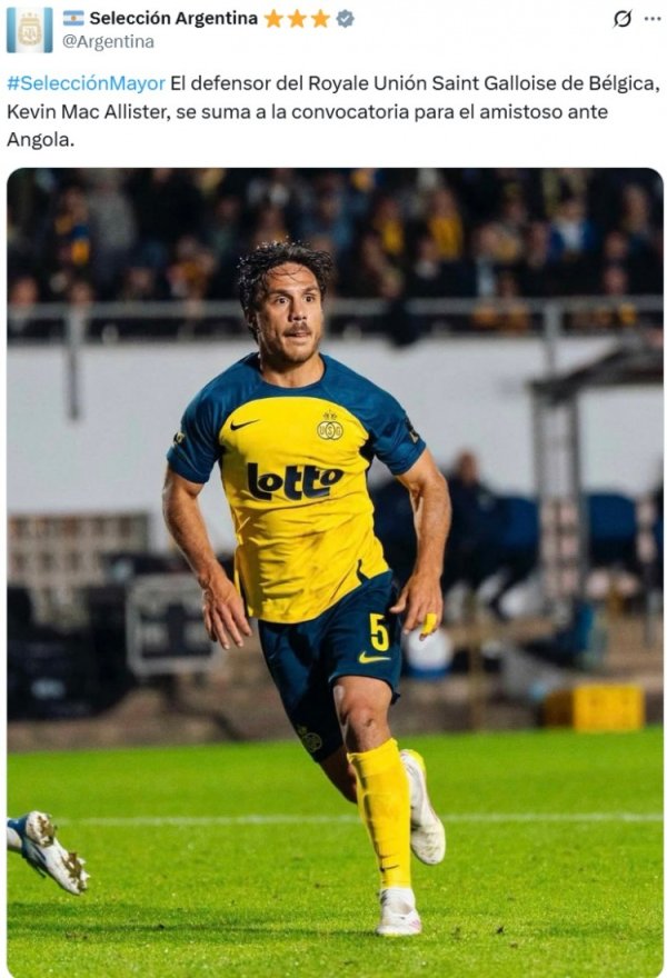 阿根廷官方：后场球员凯文-麦卡利斯特补招进入球队本期名单